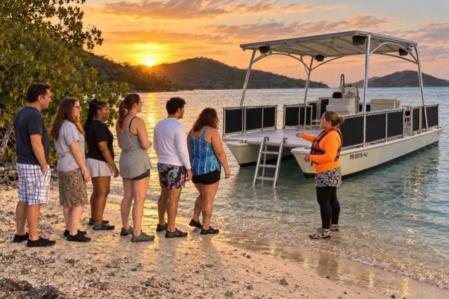 Group listening to a guide on a sandy beach at sunset near a boat.