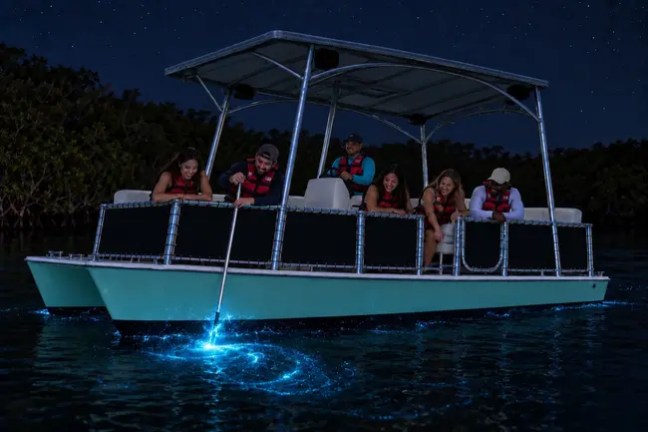People on a boat watch glowing water at night.