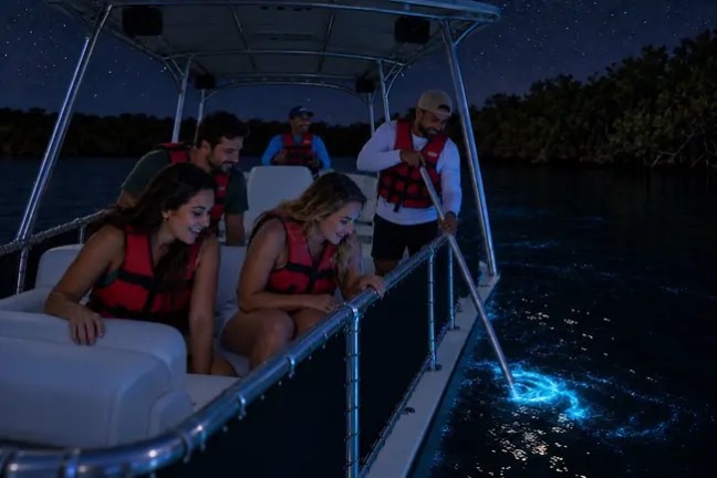 People on boat observe glowing water at night.