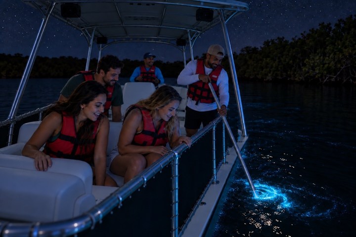 People in life jackets on a boat at night, observing glowing water.